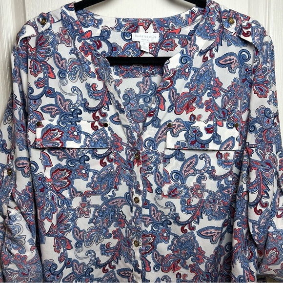 Women’s Charters Club Plus Size 2X Floral Blouse Blue/white Business Button Up - Picture 2 of 8